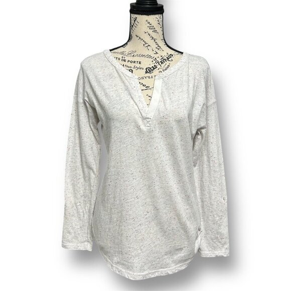 T by Talbots S Gray Speckled Cotton Split Neck Henley Roll Tab Sleeves Casual - Picture 1 of 8